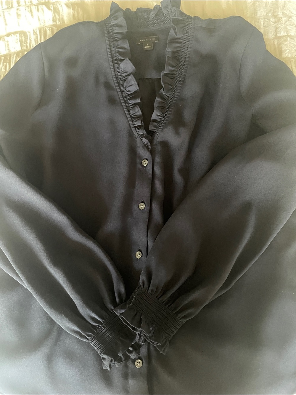 Ann Taylor Navy Ruffle Trim Blouse